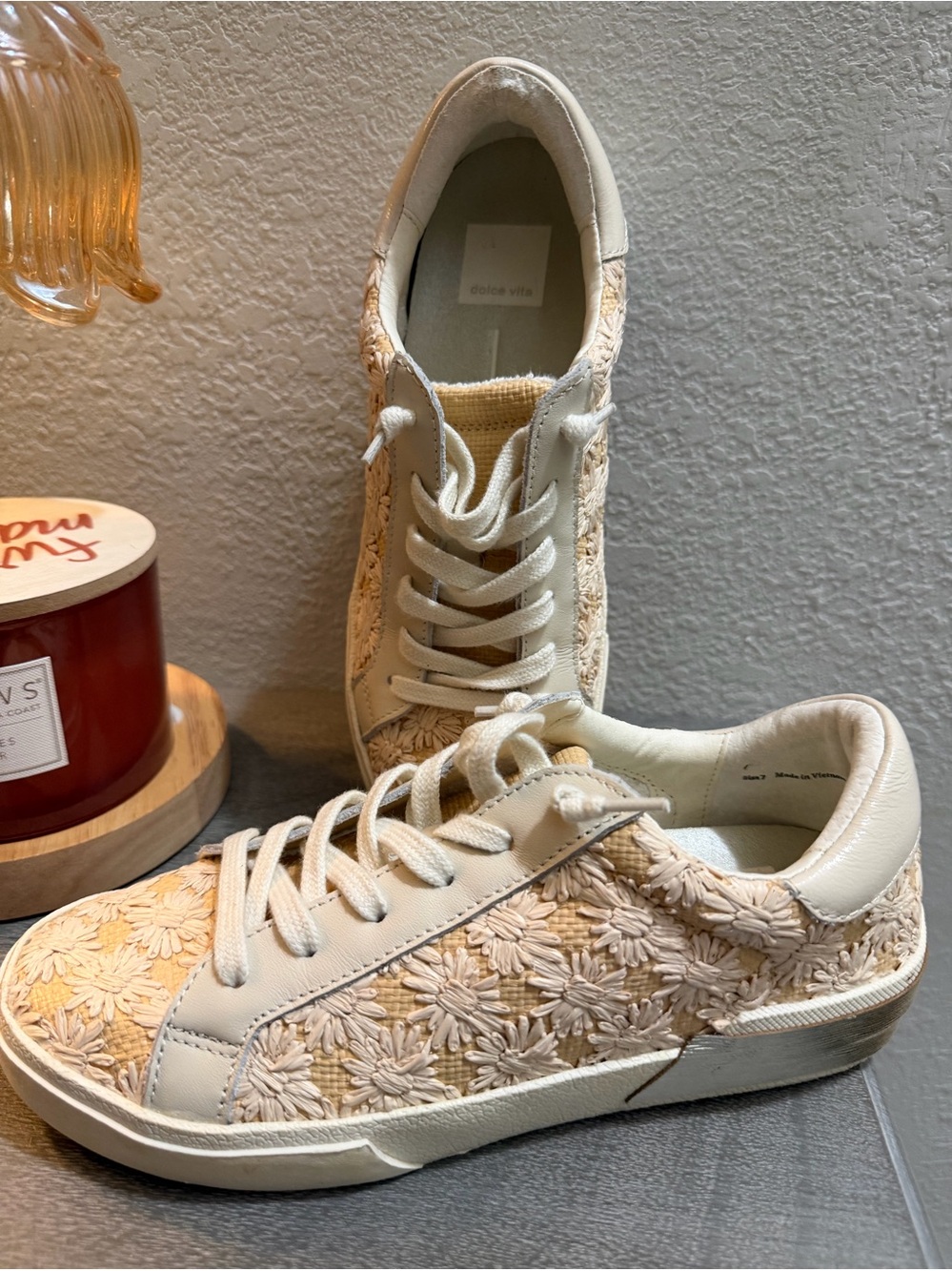 Dolce Vita Cream Floral Embroidered Lace-Up Sneakers